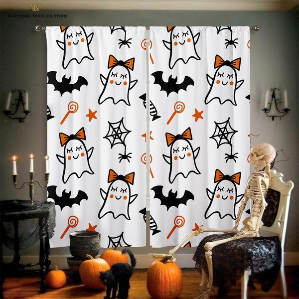 Cortinas Aislantes Blackout, Estampado De Dibujos Animados, Halloween, Calabaza, Castillo, Dormitorio, Restaurante, Fiesta De Vacaciones, Cortina Decorativa W100Xh130(Cm) Folio&Rod Pocket-image