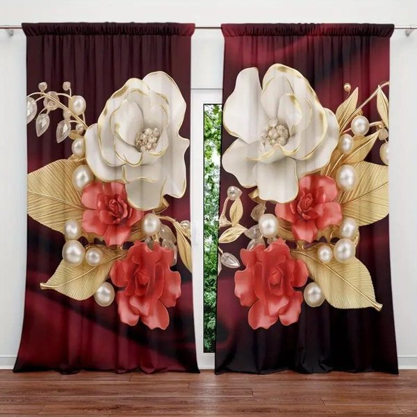 2 Szt. Wielokolorowe żYwe Wzory Kwiatowe ZasłOny Pół ZaciemniająCe ZasłOny, Sypialnia, Salon, Okno, Kuchnia, Biuro, WystróJ Domu W65X60H(Cm)X2Pcs&Hook-image