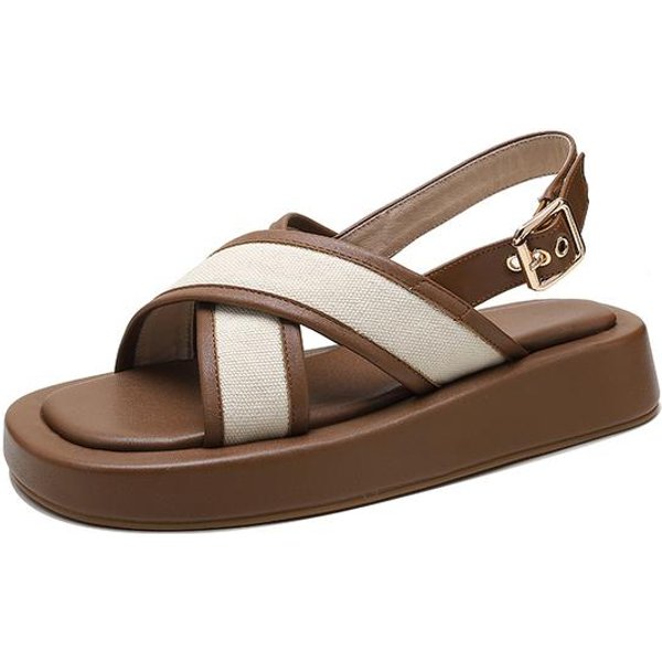 Letnie Buty Damskie SandałY Damskie Platforma Obcas Prawdziwa SkóRa Gruby Obcas PłAskie Z SandałAmi Obcasy SkóRa Krowia 38 BrąZowy-image