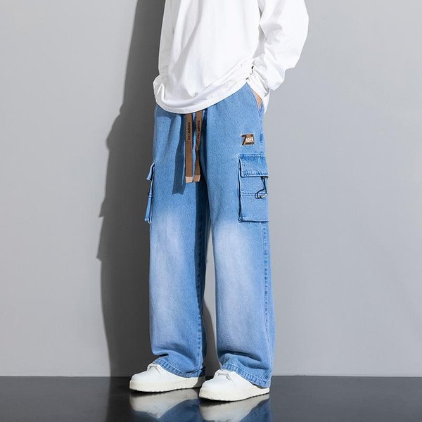 Jeansy American Street Retro Elastyczny Pas Denim MęSkie LuźNe Proste Szerokie Nogawki 6XL-image