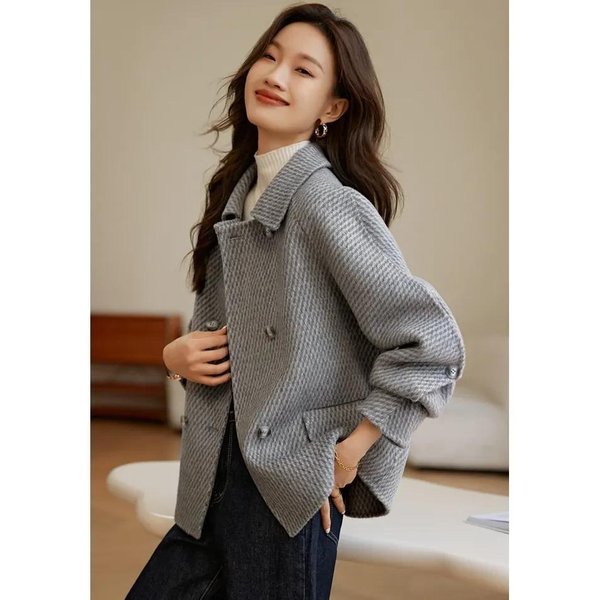 Abrigo De Lana Invierno Nuevo Abrigo De Moda Simple Suelto Doble Botonadura Mujer M Gris-image