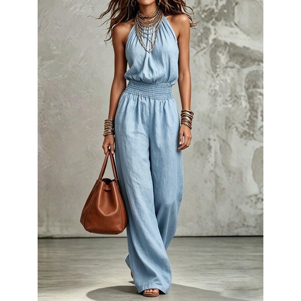 Mono De Mujer Con Cuello Halter Y Pierna Ancha, Color Liso, Casual, Corte Holgado, Sin Espalda 2XL Gray-image