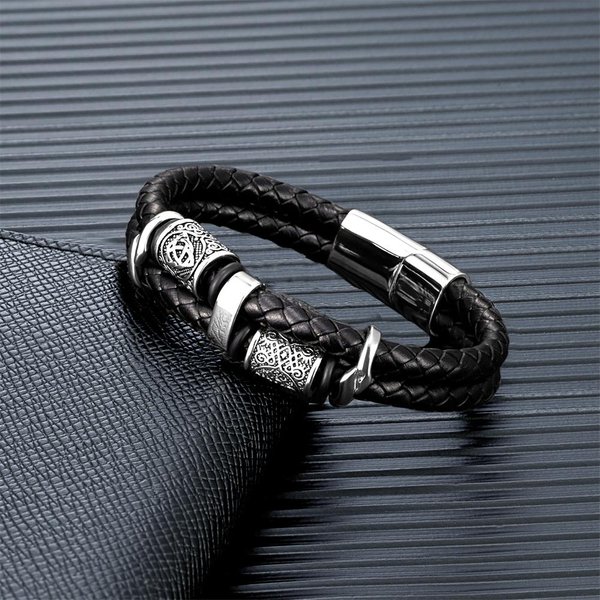 Pulsera Vikinga Vintage Multicapa De Cuero Genuino Para Hombre Acero Inoxidable Runas NóRdicas Brazalete Valknut JoyeríA Escandinava 23Cm Gray-image