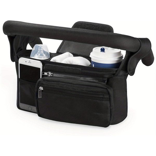 Bolsa Universal Para Cochecito De Bebé Con Portavasos Aislante, Bolsillo Desmontable Para TeléFono, Correa Para El Hombro | PoliéSter Duradero Black-image