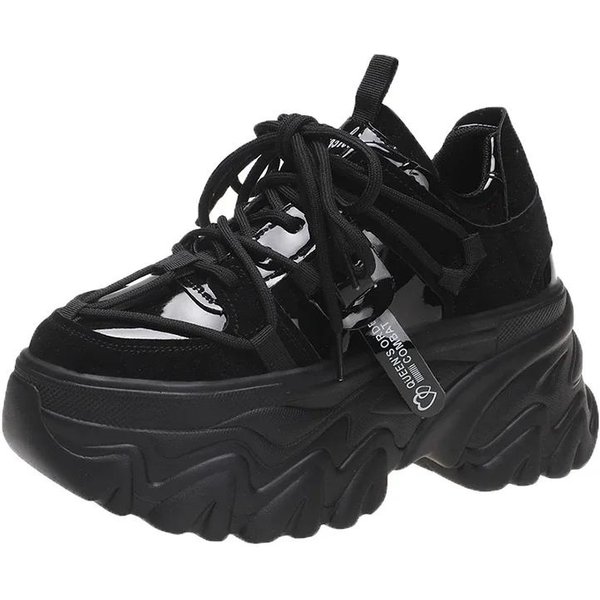 Maogu Modne Sneakersy Platformowe Dla Kobiet Gruba Podeszwa AntypośLizgowe Sportowe Buty Taty Kobieta Korea SkóRzane Grube Sneakersy 2025 Wiosna 37 Czarny-image