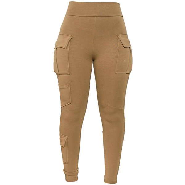 Pantalones De Mujer Cintura Alta EláStica Ajustados Color Liso Suaves EláSticos MúLtiples Bolsillos Suaves Transpirables Todas Las Estaciones Deportivos Pantalones De CháNdal Largos M Brown-image