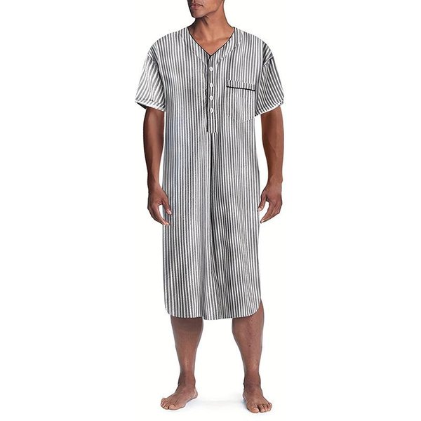 Pasiasta Koszula Nocna Z Dekoltem W Serek I KróTkim RęKawem - Casualowy LuźNy KróJ XL Gray-image