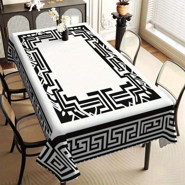 1 Szt. Czarno-BiałY Geometryczny Kwiatowy ProstokąTny Obrus Z Falbankowym Brzegiem, Poliester, Do Domowej Jadalni Kuchni Hotelu Dekoracji Imprezowej 140X140Cm-image