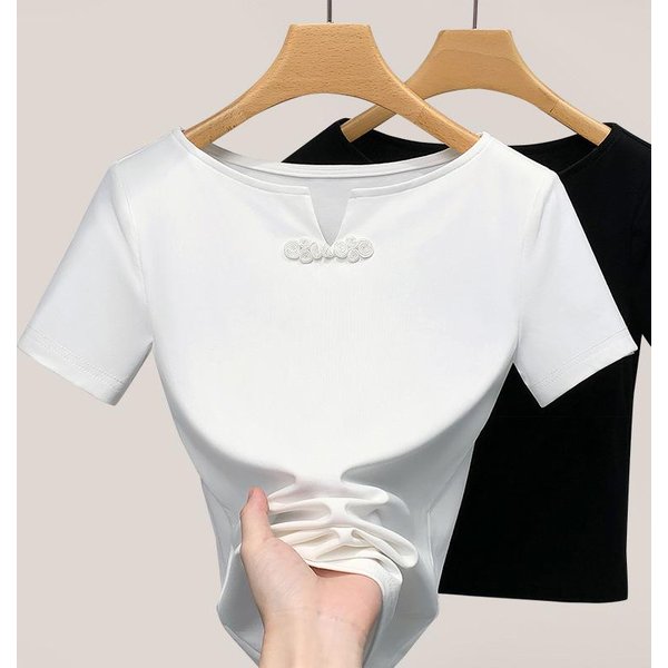 Camiseta De Manga Corta Para Mujer Nueva Camiseta De AlgodóN De Color SóLido Con Un Hombro Para Mujer Nuevo Top De Cintura Plegada De Estilo Chino 3XL Blanco-image