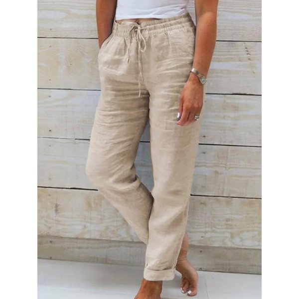 Pantalones De Pierna Ancha De Lino Y AlgodóN De Color SóLido Con Cintura EláStica De Verano, Pantalones Sueltos Para Ropa De Mujer L-image