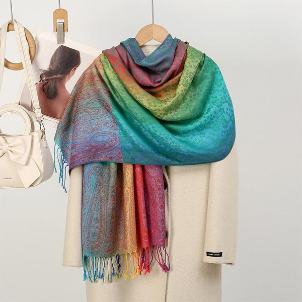 Chal Pashmina De Invierno Color ArcoíRis Macaron Bufanda Gruesa Jacquard Paisley Envoltorio Hijab MusulmáN Para Viaje Poncho Con Borlas 70X180Cm Blue-image