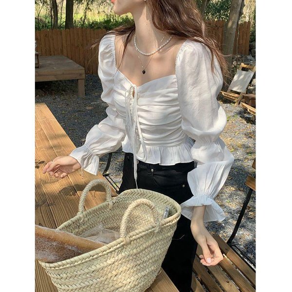 Blusa De Mujer De Cuello Cuadrado Y Manga Abullonada Azul Top Corto DiseñO Plisado Camisa Vintage Simple Casual Sexy Dulce Primavera Verano M Blanco-image