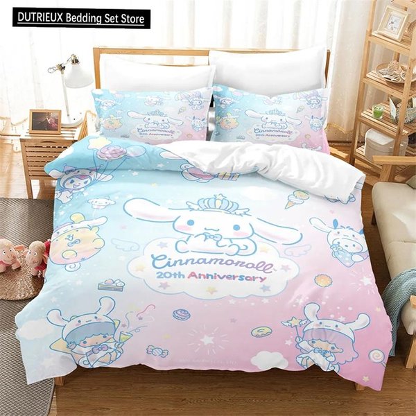 Kolekcja Poszewek Na KołDrę KreskóWka Cinnamoroll Kawaii Poszewka Na KołDrę Kolekcja Poszewek Na Poduszki Dzieci Dziewczynki Komfortowa Kolekcja PośCieli Rozmiar Pojedynczy PodwóJny King Size EU Single(135X200Cm)-image