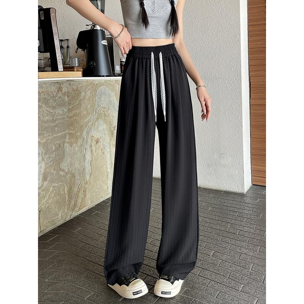 Verano Delgado Cintura Alta Delgado Recto Casual Pierna Ancha CaíDa Pantalones Sueltos 2XL Negro-image