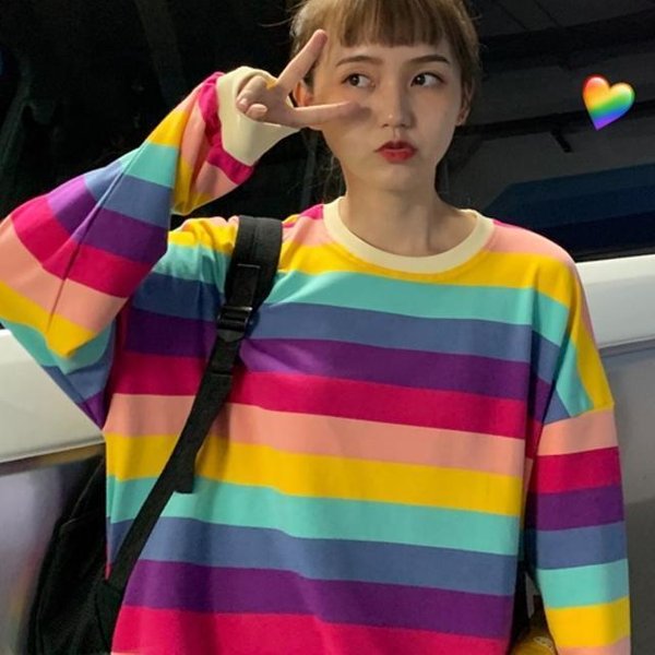 Nowy Jesienny Cienki Damski T-Shirt Z DłUgim RęKawem W Paski W Kolorach TęCzy Dla Kobiet LuźNy Top W Stylu Harajuku XL Blue-image