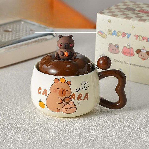 Kubek Kapibary Uroczy Kubek Z Pokrywką I ŁYżEczką Ceramiczny Kreatywny ChłOpięCy Styl DziecięCy Kubek ŚNiadaniowy DużA Pojemność 400Ml-image