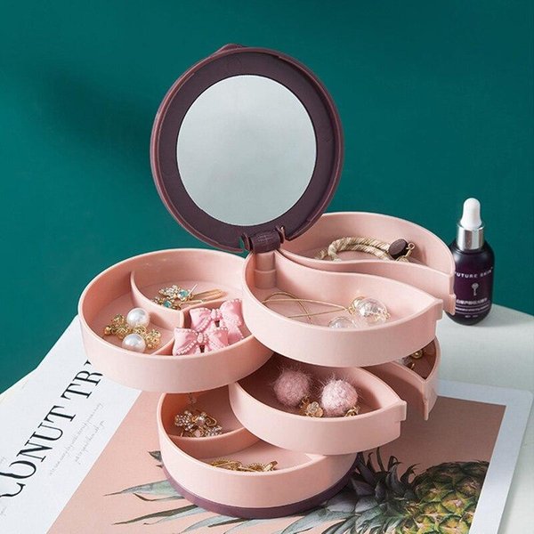 Soporte De Soporte, Bandeja De ExhibicióN, Caja De Almacenamiento, Soporte De PláStico Giratorio Multicapa, Caja De Anillo Y Pendiente, CosméTicos Color Rosa-image