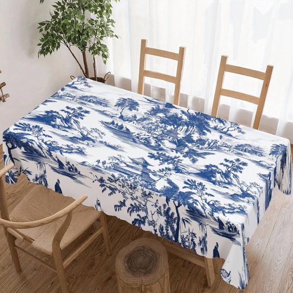Mantel Rectangular Paisaje Azul Blanco Para DecoracióN De Mesa Cocina Comedor Impermeable Reutilizable Mantel Para Mesa Comedor 140X300Cm-image