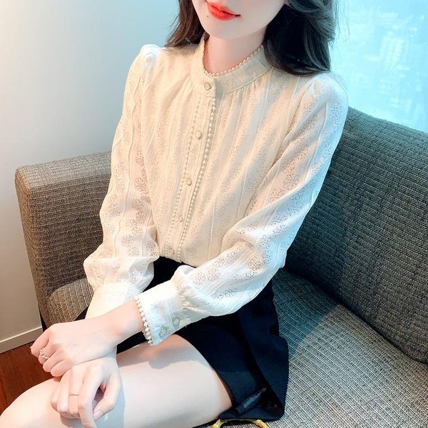 Nuevo Estilo Primavera Felpa Felpa Espesada Cuello Alto Manga Abullonada Camisa De Encaje Para Mujer DiseñO Nicho Top 2XL-image