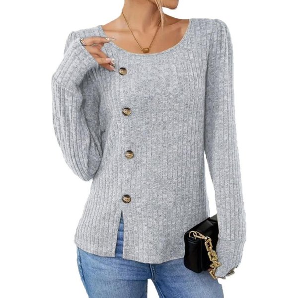 Blusas Y Camisas Casuales De Moda Para Mujer Hnxc Estampado De Color SóLido Manga Larga Cuello Redondo XXL Gris-image
