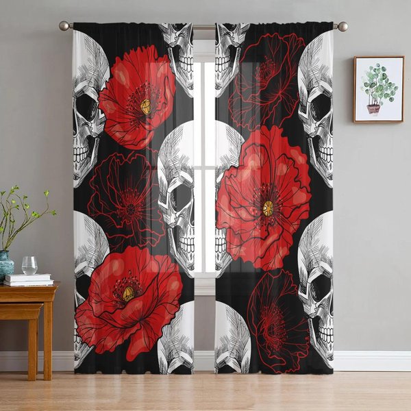 Czarna Czaszka Przezroczyste ZasłOny Okno Pokoju Dziennego Tiulowe ZasłOny Do Sypialni Kuchnia Dekoracja WnęTrz Woalowe ZasłOny W135 X H115Cm X1&Grommet Top White-image