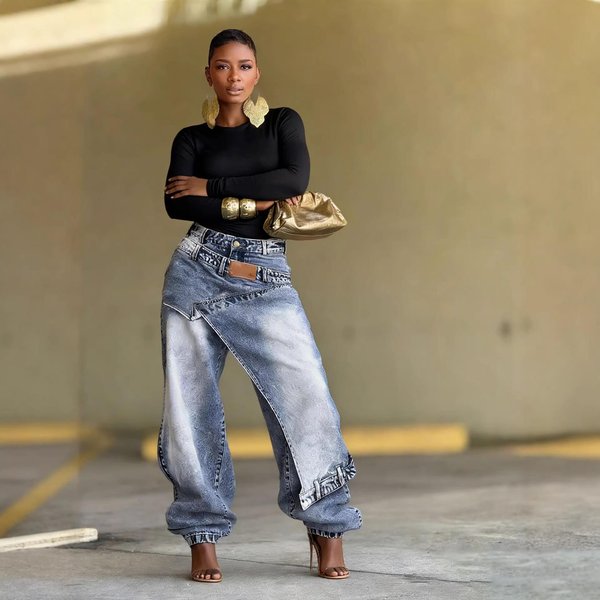 Jeans Mujer Vintage Pierna Ancha Pantalones Vaqueros Lavados Streetwear Retazos Parches Rectos Pantalones Rotos Largo Hasta El Suelo 2026 XS Azul-image