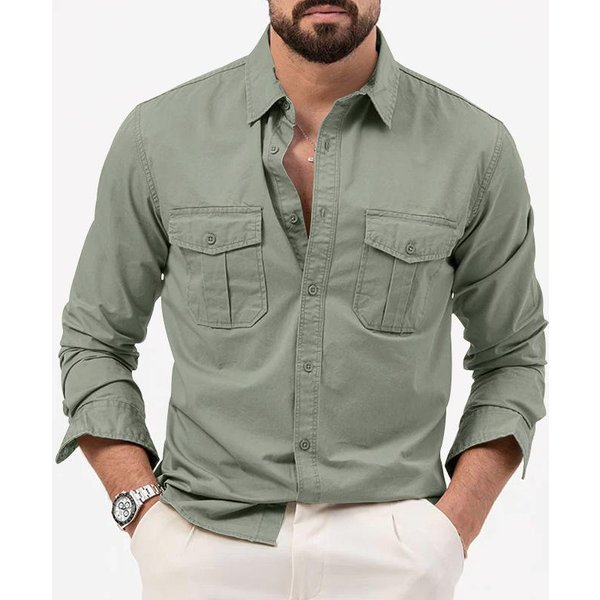 Camisa Casual De AlgodóN De Manga Larga Para Hombre Con Bolsillos Dobles - VersáTil Abotonada Para Uso Diario L Gris-image