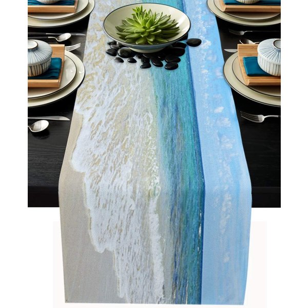 Playa OceáNica Azul Blanco Olas Del Mar Camino De Mesa De Lino Bufandas Para Tocador DecoracióN Lavable Camino De Mesa Para Cocina Comedor DecoracióN De Fiesta 150X33Cm White-image