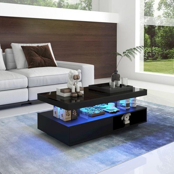 Mesa De Centro - Muvoe - 95X50X42,5 Cm - Negro Brillante - 4 Bandejas De Cristal - 2 Cajones-image