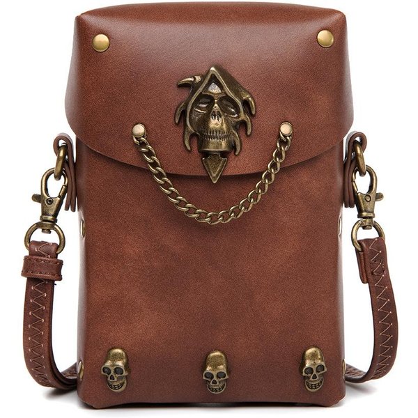 Bolso De Hombro ÚNico De Cuero PU Remachado Con Bloques De Color Medieval, Bolso Cruzado Cuadrado PequeñO Steampunk De BúHo Medieval Brown-image