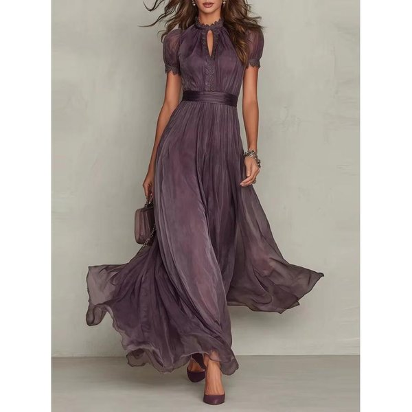 Vestido Largo Vintage De Encaje SóLido LíNea A Para Mujer Cuello Redondo Cintura Alta Plisado Vestido De Fiesta Verano Manga Corta Vestidos Maxi Fluidos L PúRpura-image