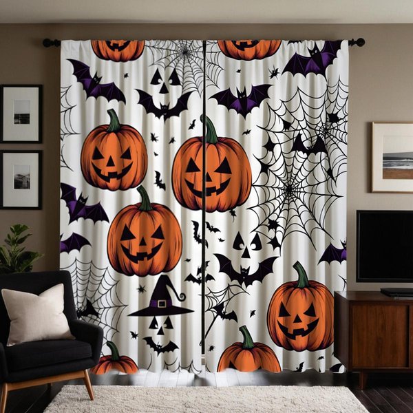 2 Piezas HD Halloween Jack-O '-Lantern TelarañA MurciéLago Cortina Blanco Lazo Cortina Estampada Digitalmente Estilo DecoracióN Del Hogar Decorar Sala De Estar W52H63Inchw132H160Cm-image