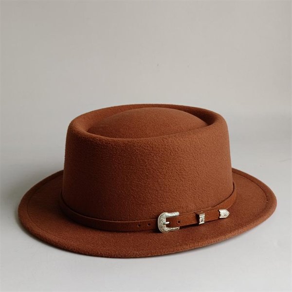 Sombrero Pork Pie Vintage Para Hombres Ala Ancha Fieltro Negro Fedora Iglesia Jazz Cinta Trilby Panamá Gorras De GáNsteres Estilo De Caballero 56-58Cm Brown-image