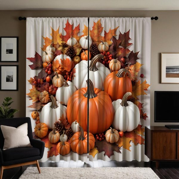 2 Piezas HD Halloween SimulacióN Calabaza PiñA Hoja De Arce Cortina Decorativa Amarillo Lazo Cortina Estampada Digitalmente DecoracióN Del Hogar W52H63Inchw132H160Cm-image