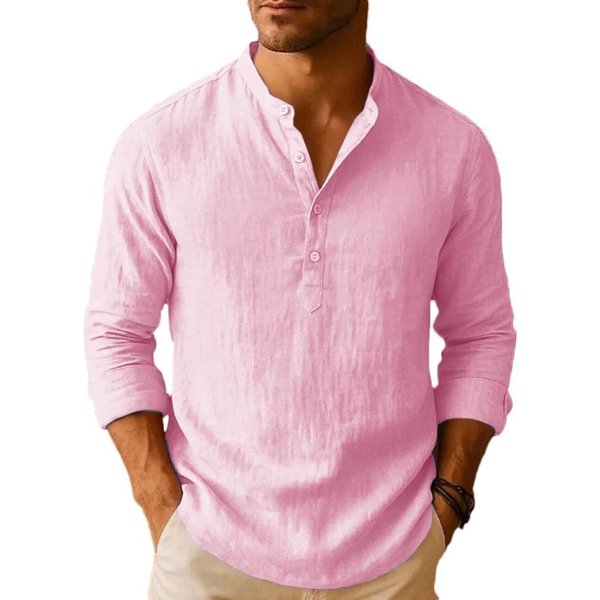 Camisa Henley Ligera De Mezcla De Lino Para Verano Para Hombre - Transpirable De Manga Larga Casual De Color SóLido Con Botones XXL Color Rosa-image