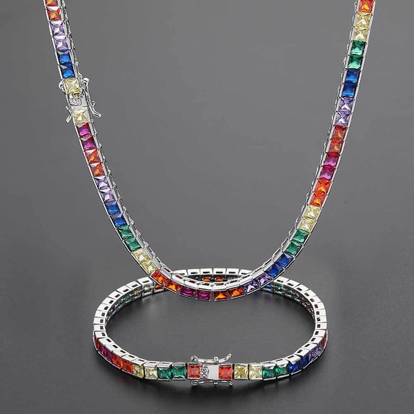 JoyeríA Hip-Hop Simple Europea Y Americana Cadena De Tenis De Color De 4 Mm Cobre Con Incrustaciones De ZircóN Cuadrado De Color Pulsera Collar Hipster 60Cm Gray-image