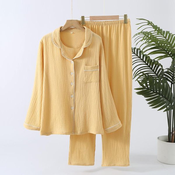 Conjunto De Pijama Nuevo De Primavera Y OtoñO Para Mujer 100% AlgodóN Color SóLido Solapa Manga Larga Pantalones Ropa Para El Hogar Conjunto De Dos Piezas XL Beige-image
