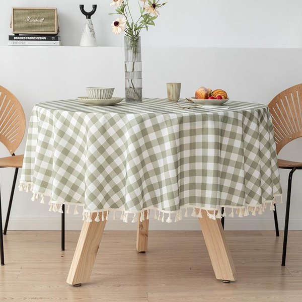 OkrąGłY Obrus BawełNiano-Lniany W Kratę Z Nadrukiem, Wodoodporny, Olejoodporny, żAroodporny, Obrus Na Stół Do Kawy, Kuchenny, Jadalny Round-Dia-120Cm-image