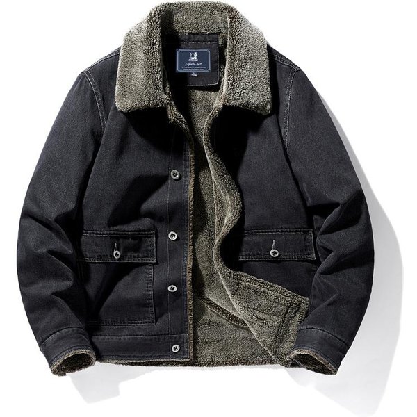 Chaqueta Vaquera Para Hombre, Nueva Chaqueta De Invierno De Terciopelo Grueso, Holgada, De Talla Grande, Para Hombre, Chaqueta De AlgodóN De Terciopelo De Cordero M Black-image