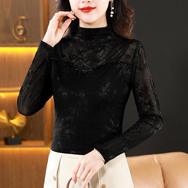 Camiseta Negra De Mujer De Manga Larga Estilo Fino Hermosa Camisa De Base Jacquard Madre OtoñO E Invierno Top Ajustado 4XL Negro-image