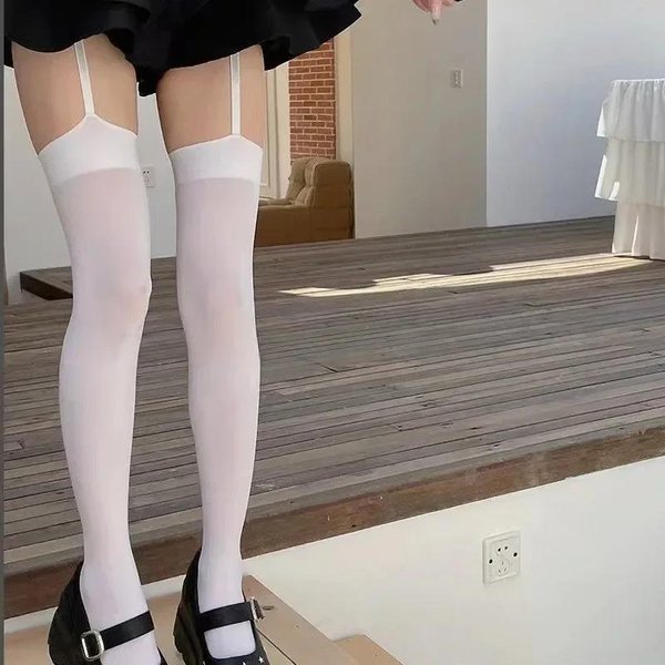 Damskie Rajstopy Aksamitne Z Szerokim Pasem Do PońCzoch Lolita Cienkie PońCzochy Do Uda Z PodwiąZkami Styl Studencki Skarpetki Za Kolano One Size Gray-image