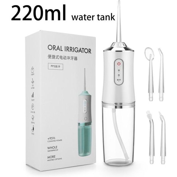 Irrigador Bucal InaláMbrico De 350Ml / 220Ml, Hilo Dental PortáTil De Agua, Hilo Dental Recargable Por Usb, Irrigador Bucal Con Chorro De Agua, 5 Puntas De Chorro, 3 Modos Cool Blanco-image