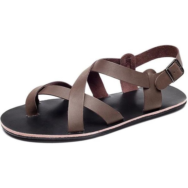 Moda Verano Hombres Moda Roma Sandalias De Cuero Genuino DiseñO De Correa Sandalias De Punta Abierta Hombre Simples Casuales Zapatos Planos Transpirables Sandalias 37 MarróN-image