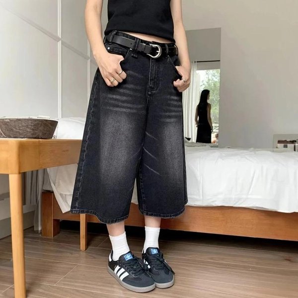 Vintage Y2K LuźNe DżInsowe Szorty Szerokie Spodnie Dla Kobiet I MężCzyzn Modne Wysoki Stan SpłUkiwane DłUgość Do Kolan DżInsowe Szorty Spodnie Oversize L Czarny-image