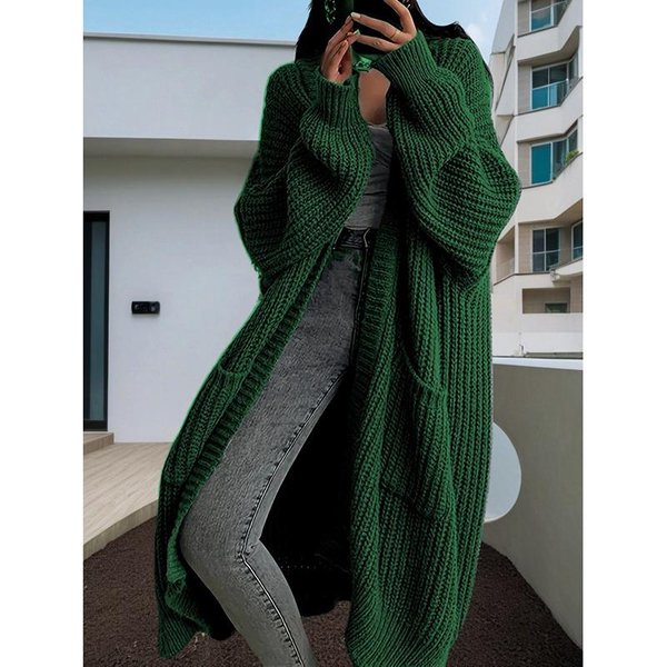 Damski Sweter Kardigan Z Kieszeniami Dzianinowa Kurtka Jesienna SzydełKowa LuźNy DłUgi Zimowy Maxi CiepłY Sweter PłAszcz L Zielony-image