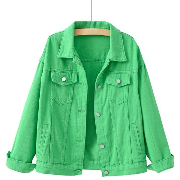 Chaqueta Vaquera Para Mujer Corta Coreana Holgada De Manga Larga Top De Estudiante Chaqueta Vaquera Grande Para Mujer Estilo Corto 3XL Verde-image