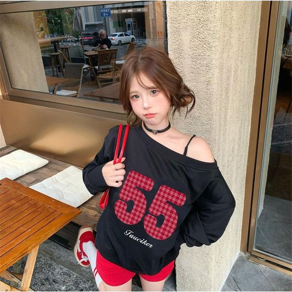 Sudadera Con Estampado Digital Y DiseñO De Hombros Descubiertos Para Mujer, Ideal Para OtoñO. Estilo Holgado Y Relajado. Mangas Largas Y Top De Hombros Descubiertos. XXL Negro-image