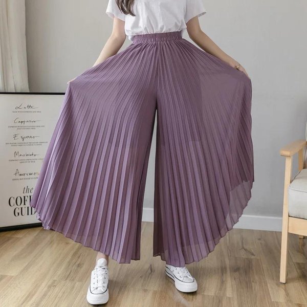 Damskie Eleganckie Szyfonowe Spodnie Z Wysokim Stanem I Szerokimi Nogawkami Codzienne KoreańSka Moda Plisowane LuźNe Spodnie Ubrania XXL Fioletowy-image