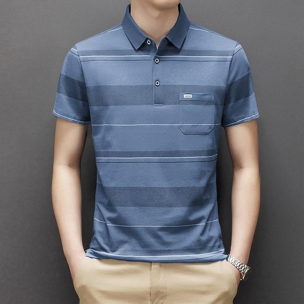 Camiseta De AlgodóN Lavado A Rayas De Manga Corta Para Papá Hombres De Mediana Edad Y Mayores Polo Casual De Negocios Con Solapa XXL Gray-image