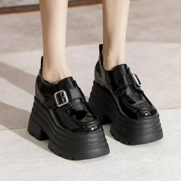 Zapatos De Mujer Correa Con Hebilla De Alta Calidad Tacones Altos De Moda Para Mujer Puntera Redonda Zapatos De Vestir Tacones De Plataforma SóLidos De Venta Caliente Para Mujer 39 Negro-image